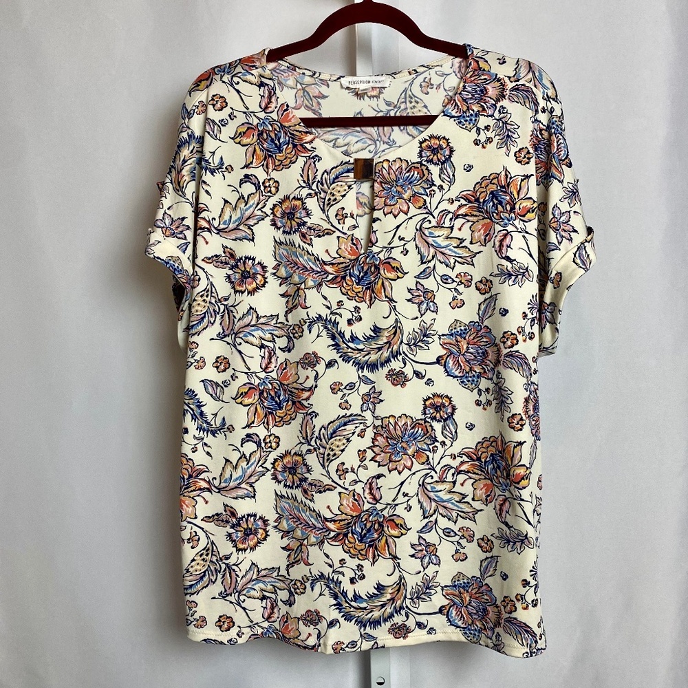 Perception Concept Womenʻs Cream Floral Print Short Sleeve Blouse XL